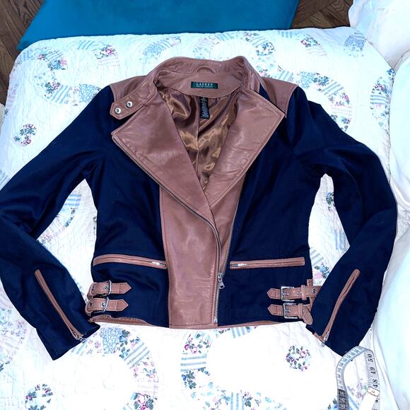 OUTSTANDING BICOLOR RALPH LAUREN LEATHER & COTTON MOTO BIKER RACING JACKET M - Picture 1 of 15